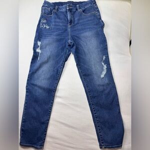 Chico's Dark Blue Slimming girlfriend ankle Jeans with Distressed Details